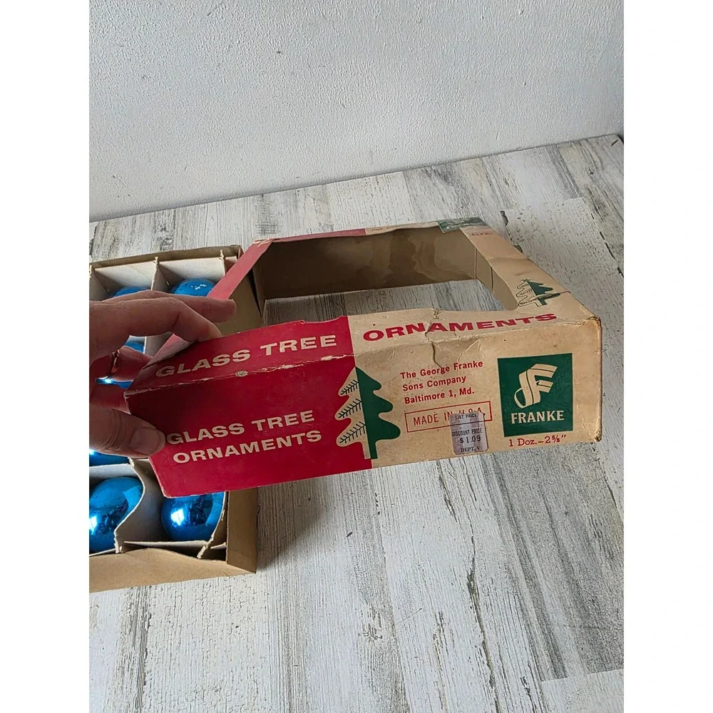 Vintage Frankie blue solid glass ornament set box Xmas tree
